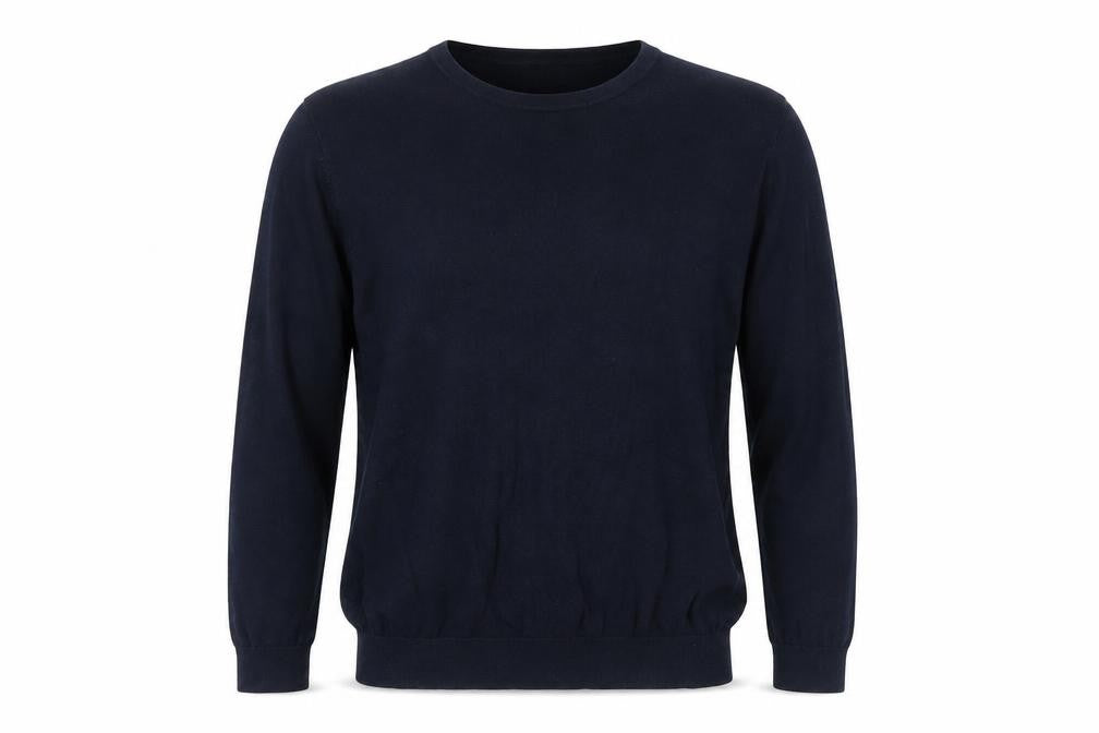 Front view of H&M men’s blue round neck cotton jumper, size M, long sleeve