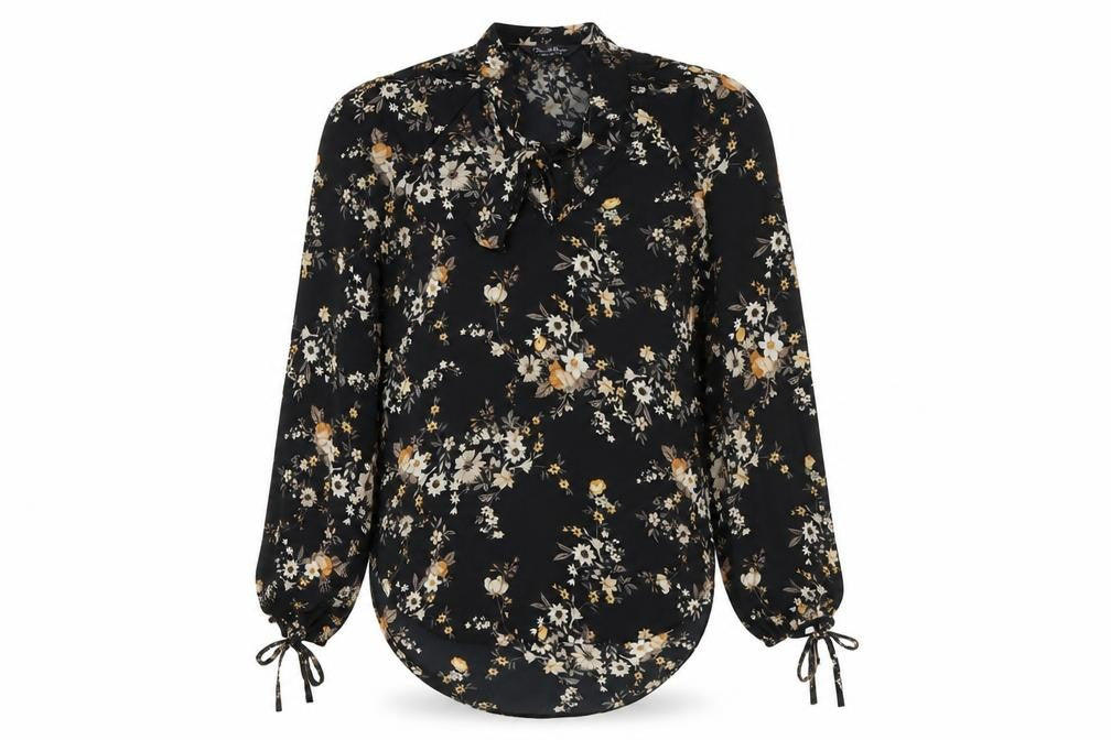 Front view of Miss Selfridge women’s black floral polyester basic blouse, size UK 6, round neck