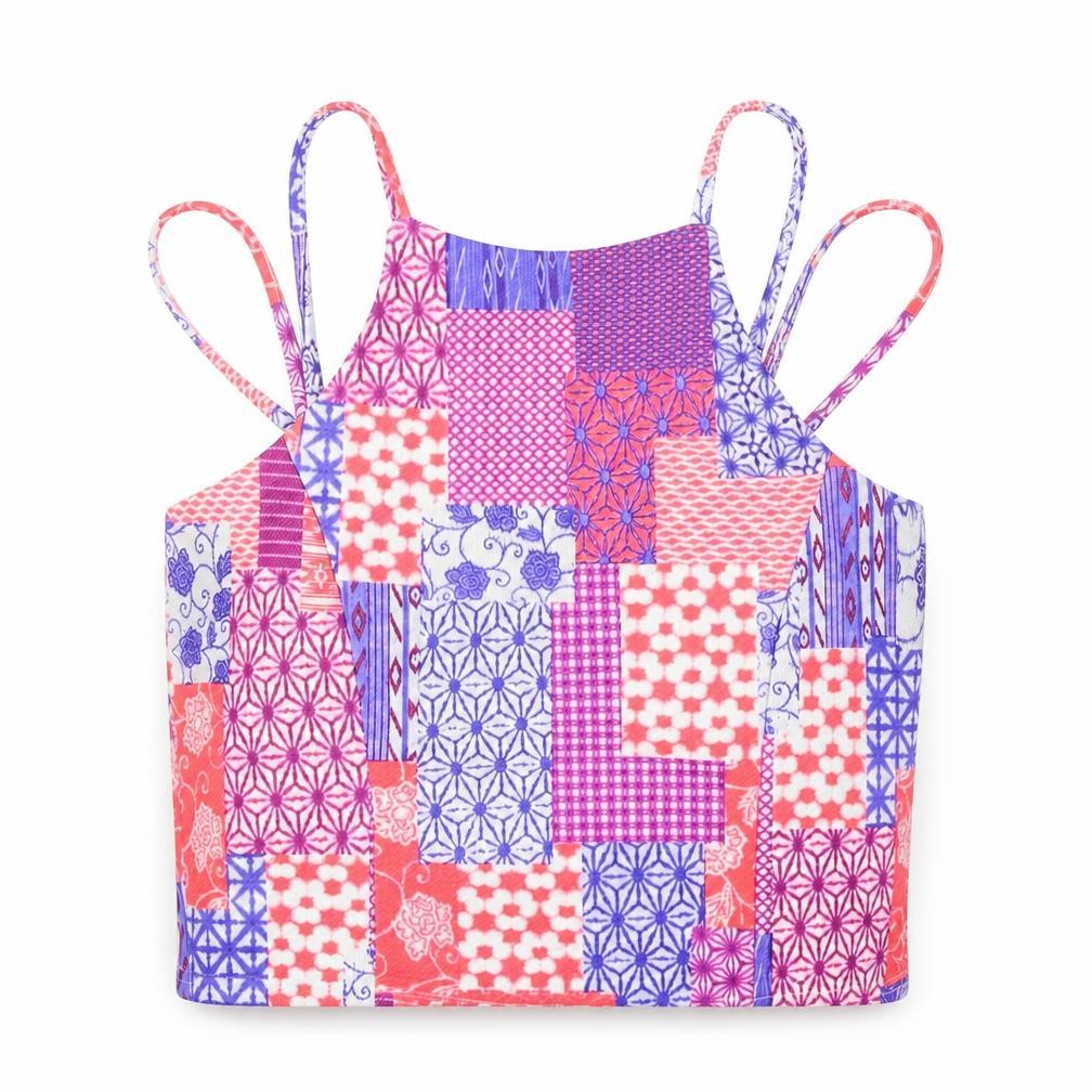 Front view of Missguided women’s multicoloured geometric polyester basic tank, size UK 14, round neck