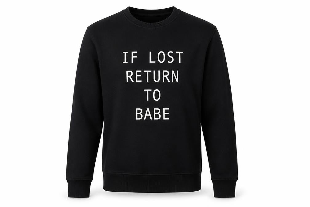 Front view of Next men’s black chlorofibre pullover sweatshirt, size S, - if lost return to babe