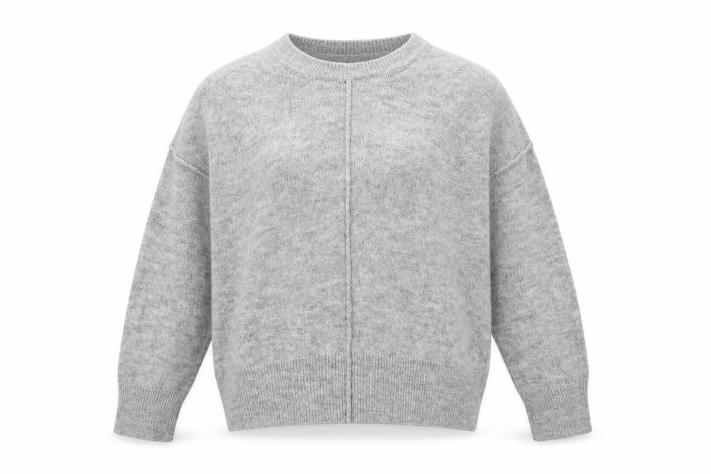 Front view of New Look women’s grey round neck acrylic jumper, size M