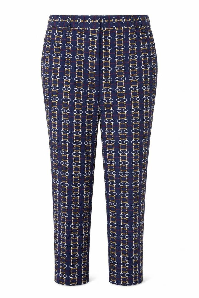 Front view of Zara women’s blue geometric polyester chino trousers, size UK 8, regular zip