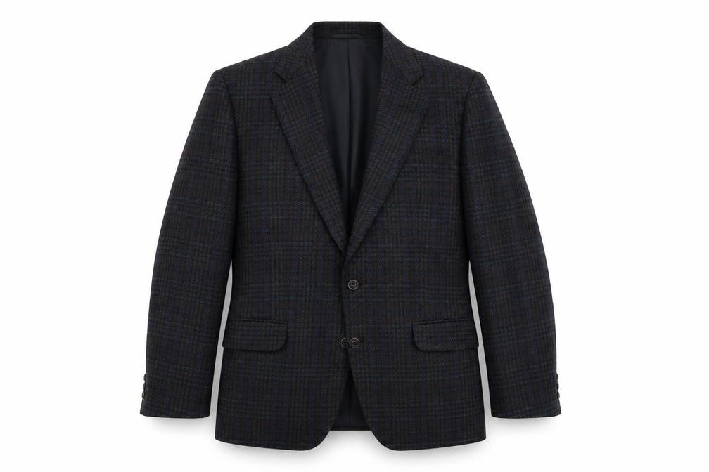 Front view of Kaleva Classic men’s blue plaid polyester jacket suit jacket, size 40, regular