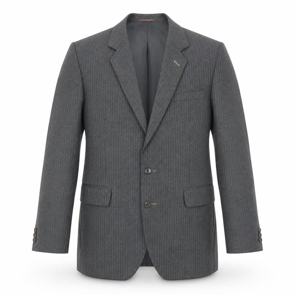 Front view of Spector men’s grey striped wool jacket suit jacket, size 42, regular