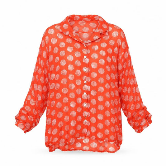 Front view of Capri women’s orange geometric polyester basic button-up, size S, collared -, size S/m