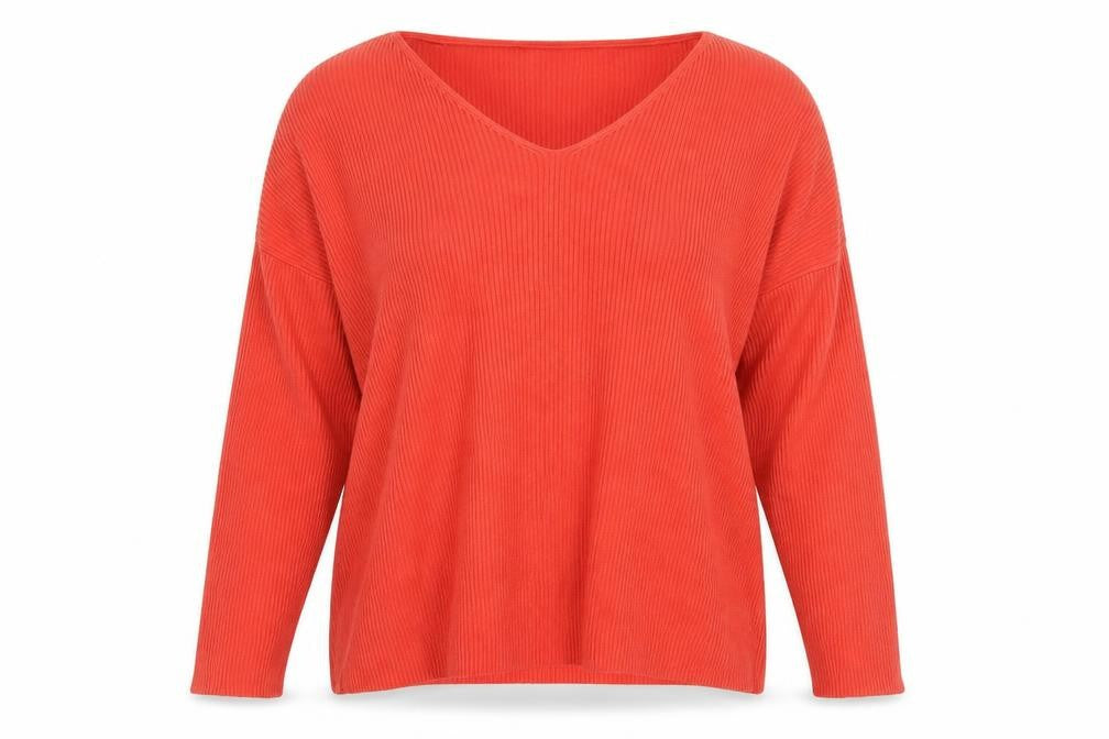 Front view of Great Plains women’s orange v-neck polyamide jumper, size UK 14