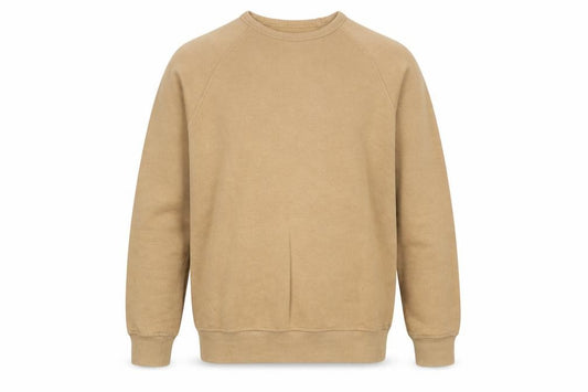 Front view of H&M men’s beige cotton pullover sweatshirt, size XS