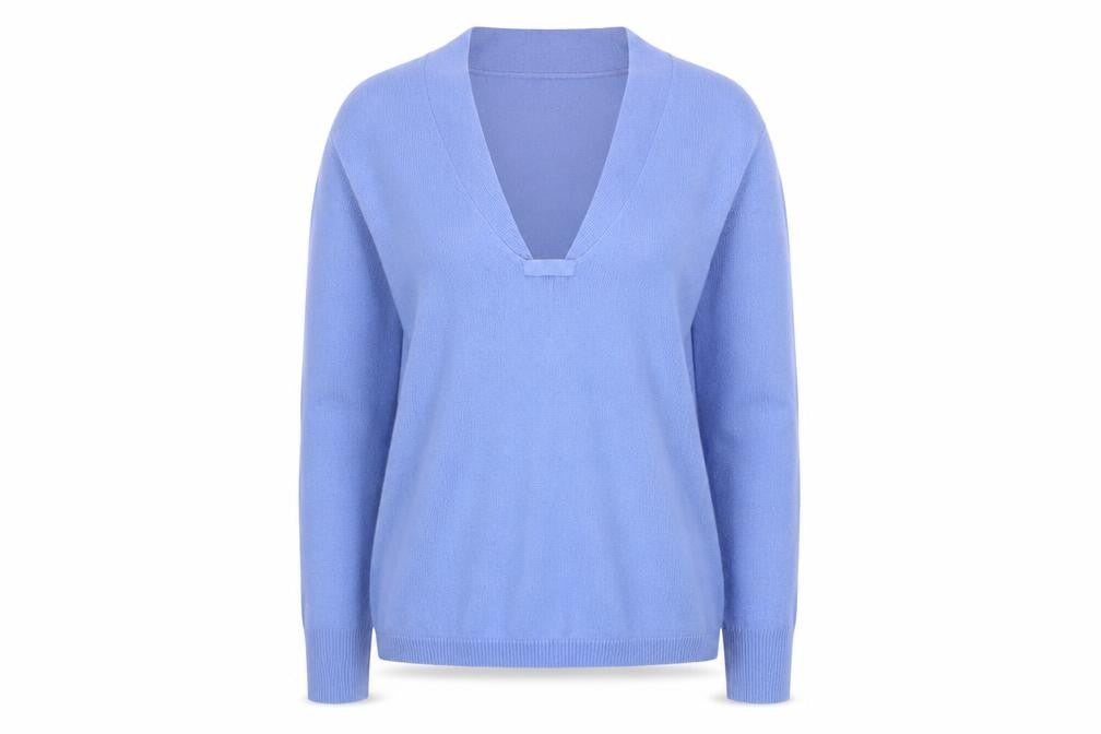 Front view of Caskmasoft women’s blue v-neck acrylic jumper, size XS
