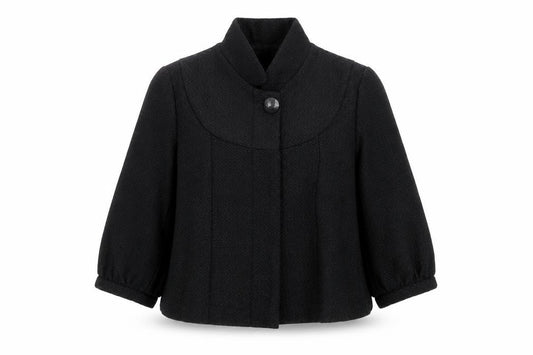 Front view of IXF women’s black geometric jacket, size M, button
