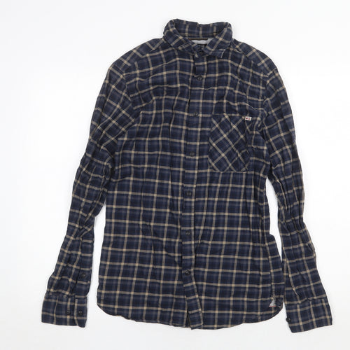 JACK & JONES Mens Blue Plaid Cotton Button-Up Size S Collared Button