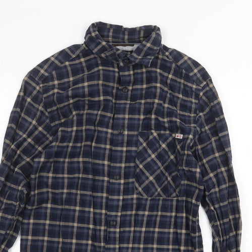 JACK & JONES Mens Blue Plaid Cotton Button-Up Size S Collared Button