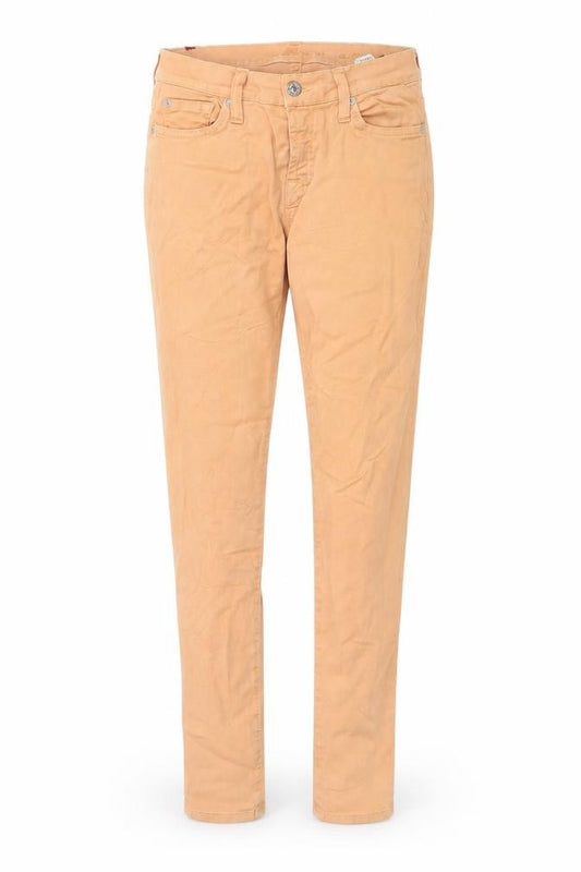 Front view of 7 For All Mankind women’s orange cotton skinny jeans, size UK 26, in regular zip