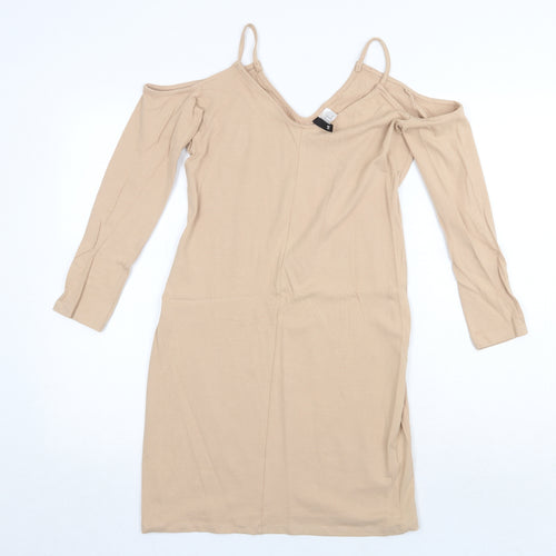 H&M Womens Beige Cotton Pencil Dress Size 14 V-Neck Pullover