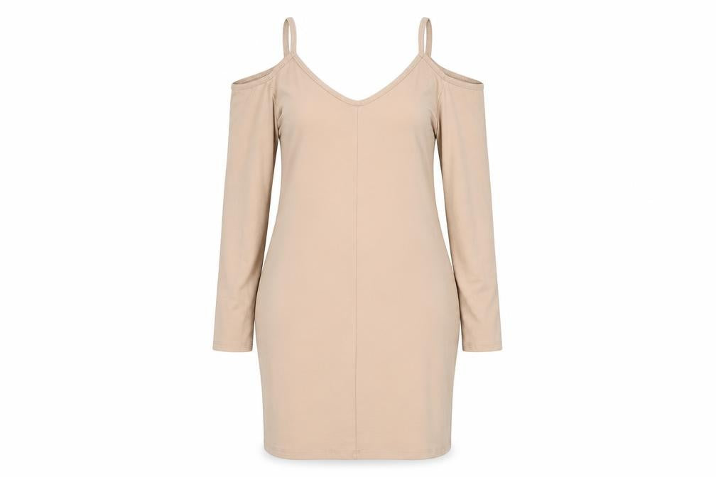 Front view of H&M women’s beige cotton pencil dress, size UK 14, v-neck pullover