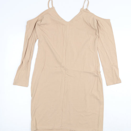 H&M Womens Beige Cotton Pencil Dress Size 14 V-Neck Pullover