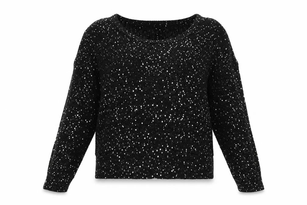 Front view of Ribbon women’s black round neck polyester jumper, size UK 12