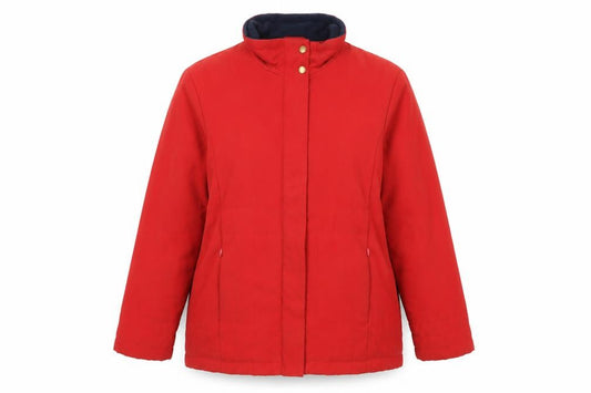 Front view of EWM women’s red jacket, size UK 16, zip