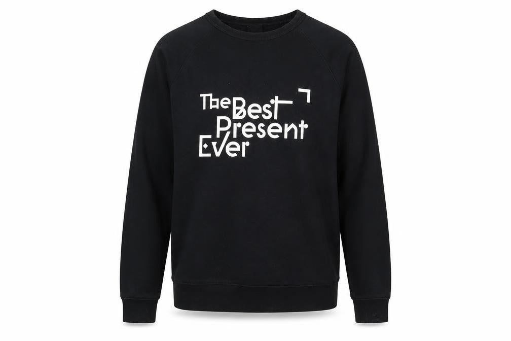 Front view of H&M men’s black polyester pullover sweatshirt, size M, - the best present ever