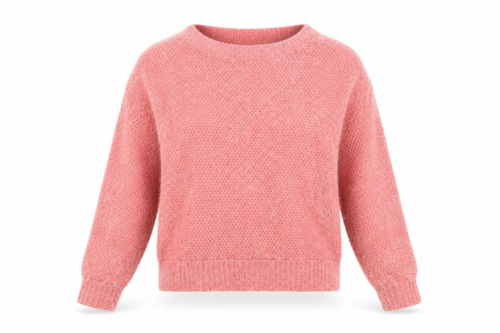 Front view of Warehouse women’s pink round neck polyamide jumper, size UK 12