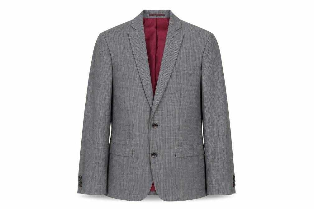 Front view of Marks & Spencer men’s grey check polyester jacket suit jacket, size 34, regular