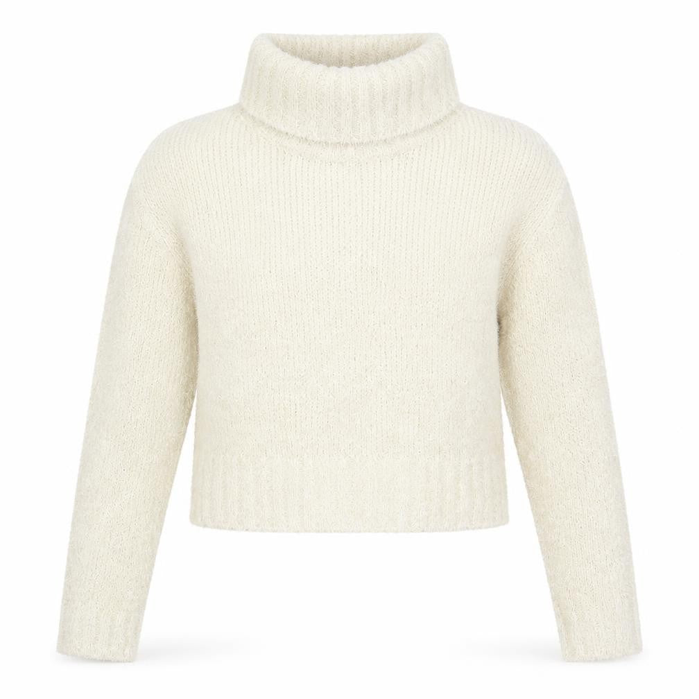 Front view of Shrinking Violet women’s beige roll neck acrylic jumper, size L