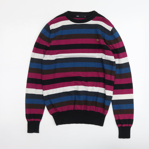 Turbo Mens Multicoloured Round Neck Striped Cotton Pullover Jumper Size L Long Sleeve