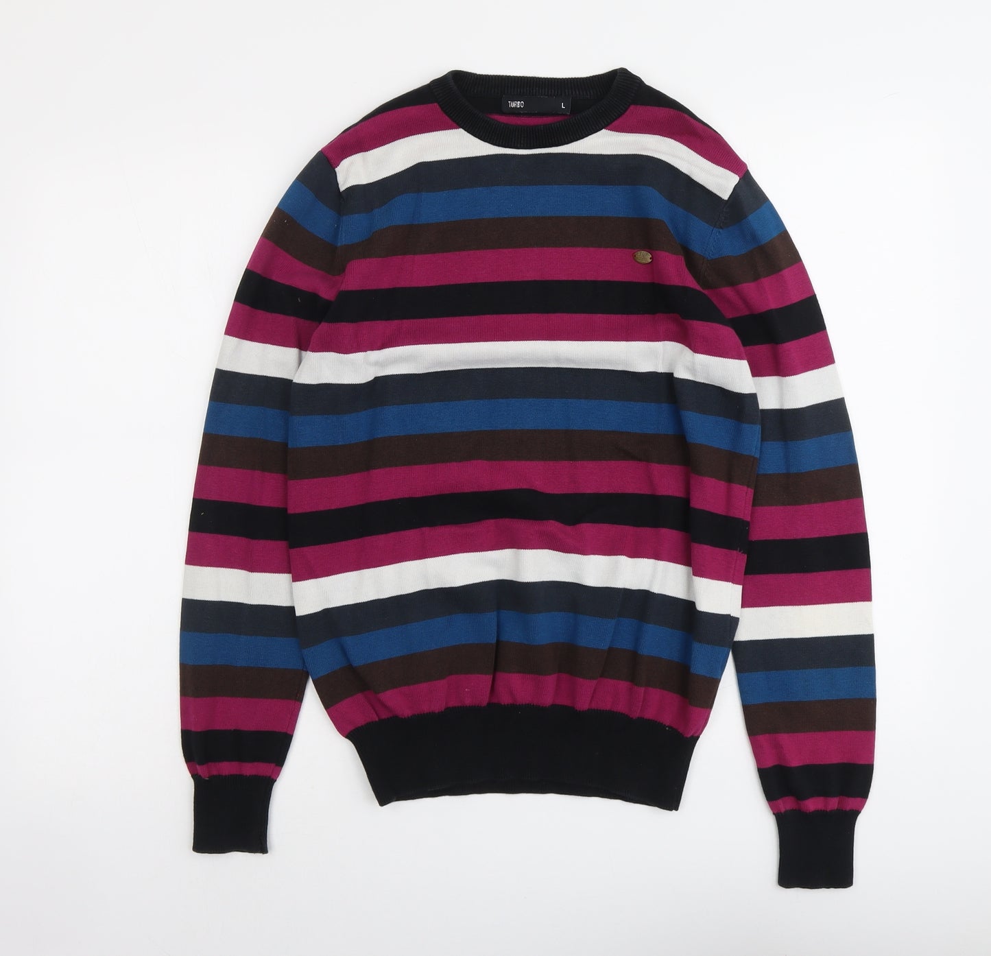 Turbo Mens Multicoloured Round Neck Striped Cotton Pullover Jumper Size L Long Sleeve