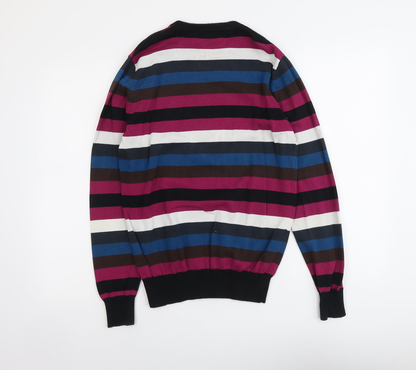 Turbo Mens Multicoloured Round Neck Striped Cotton Pullover Jumper Size L Long Sleeve