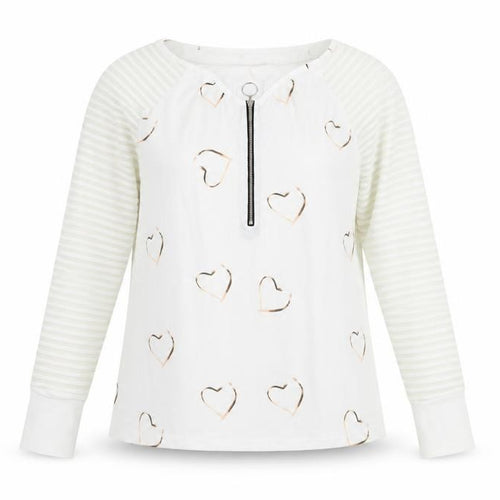 CBR Womens White Geometric Cotton Basic Blouse Size S V-Neck - Heart Detail