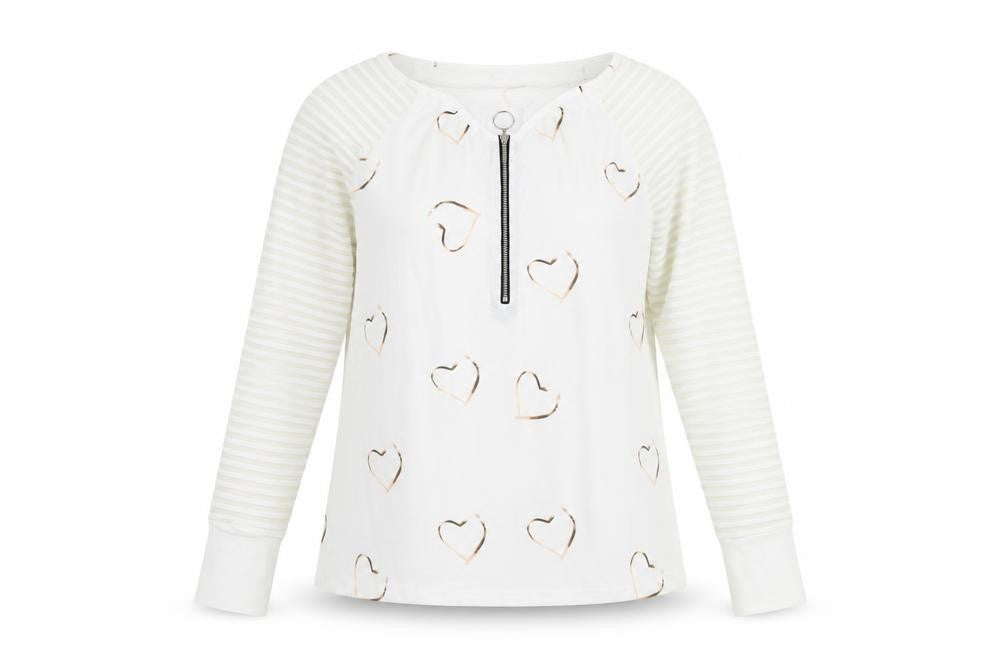 CBR Womens White Geometric Cotton Basic Blouse Size S V-Neck - Heart Detail