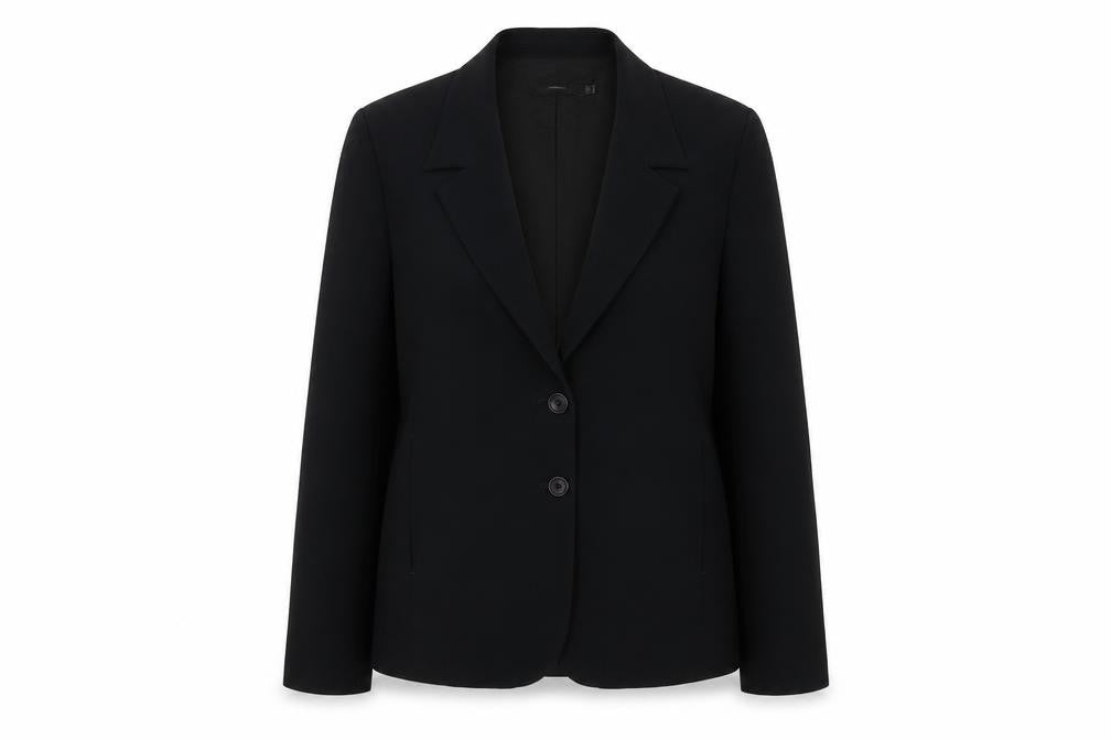 Front view of Essentials women’s black polyester jacket suit jacket, size UK 10, - five-button jacket sleeve