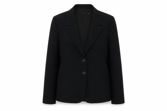 Front view of Essentials women’s black polyester jacket suit jacket, size UK 10, - five-button jacket sleeve