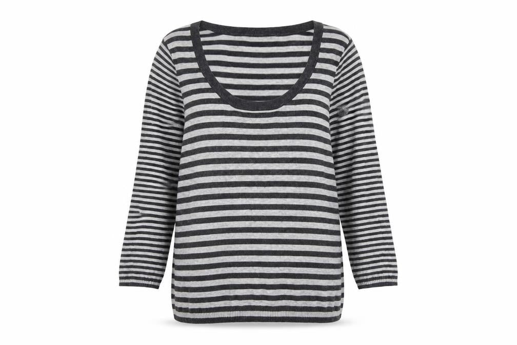 Front view of Gap women’s grey scoop neck striped acrylic jumper, size S