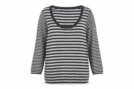 Front view of Gap women’s grey scoop neck striped acrylic jumper, size S