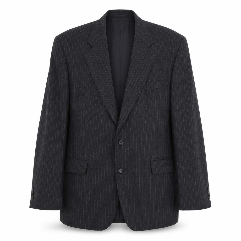 Front view of Burton men’s grey striped wool jacket suit jacket, size L, regular