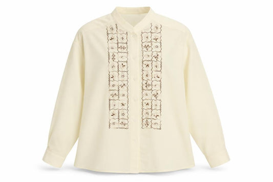 Front view of Windsmor women’s ivory geometric polyester basic button-up, size UK 16, v-neck