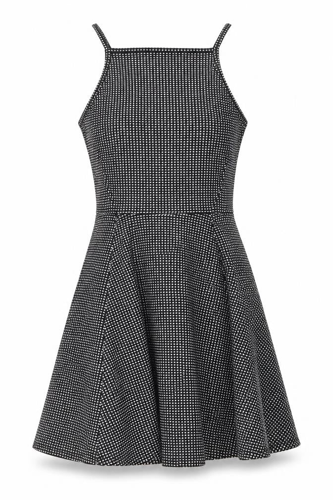 Front view of H&M women’s black geometric polyester fit & flare, size UK 8, square neck pullover