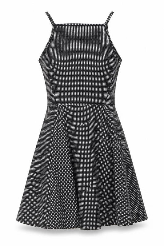 Front view of H&M women’s black geometric polyester fit & flare, size UK 8, square neck pullover