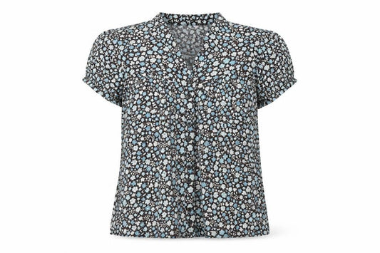 Front view of H&M women’s blue floral cotton basic button-up, size M, v-neck