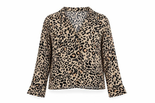Front view of New Look women’s beige animal print polyester basic button-up, size UK 10, collared - leopard pattern