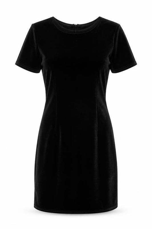 Front view of Rare London women’s black polyester a-line, size UK 8, round neck zip