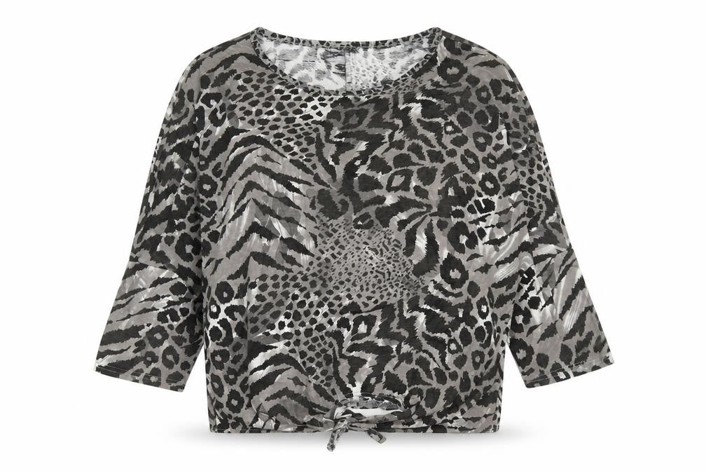 BHS Girls Grey Animal Print Viscose Basic T-Shirt Size 16 Years Round Neck Pullover - Knot Front