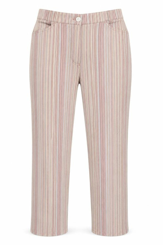 Front view of C&A women’s multicoloured striped cotton straight jeans, size UK 40, in regular zip