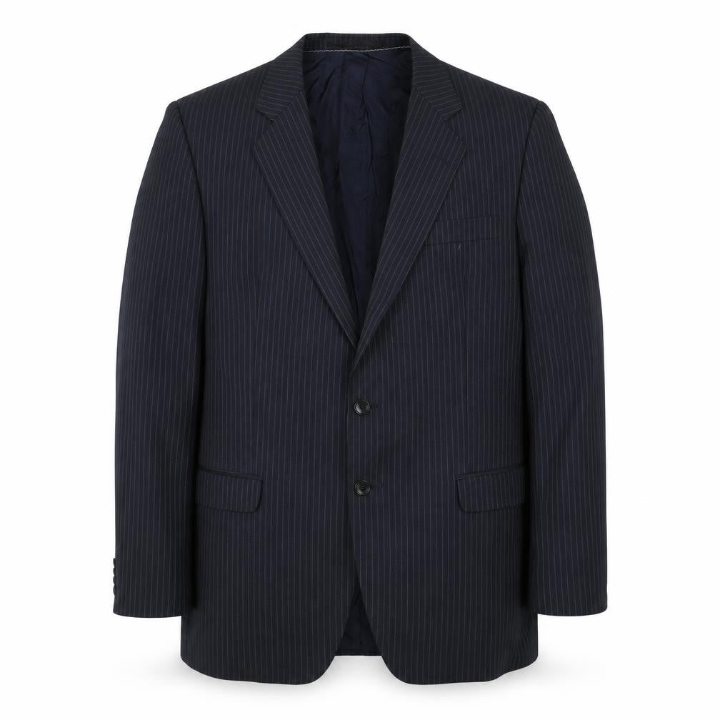 Front view of Conforn men’s blue striped polyester jacket suit jacket, size 44, regular