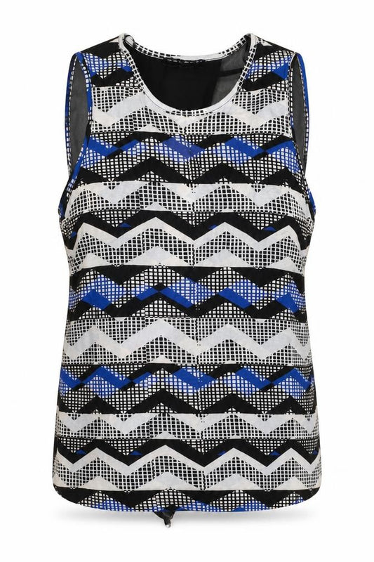 Front view of Select women’s black geometric polyester basic tank, size UK 14, round neck - open back