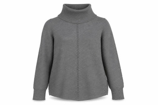 Front view of Cyrus women’s grey roll neck viscose jumper, size L