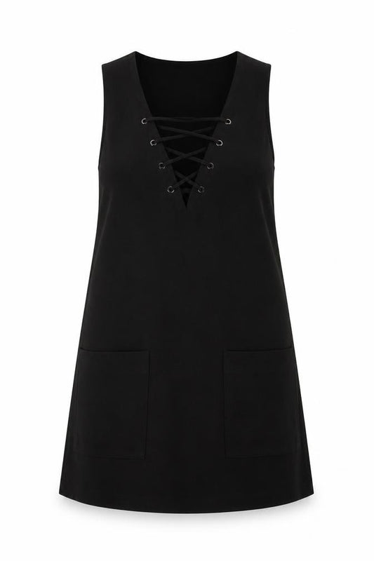 Front view of Forever 21 women’s black polyester a-line, size M, v-neck pullover