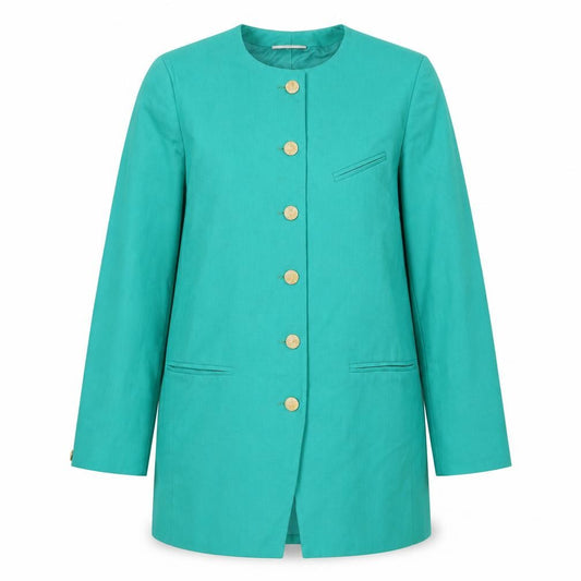 Front view of Plus women’s green overcoat coat, size UK 12, button