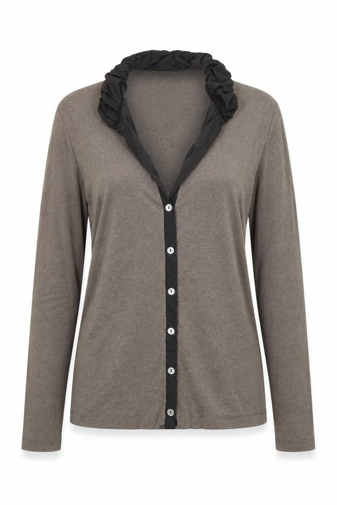 Front view of Belluna women’s brown collared cotton cardigan jumper, size UK 4