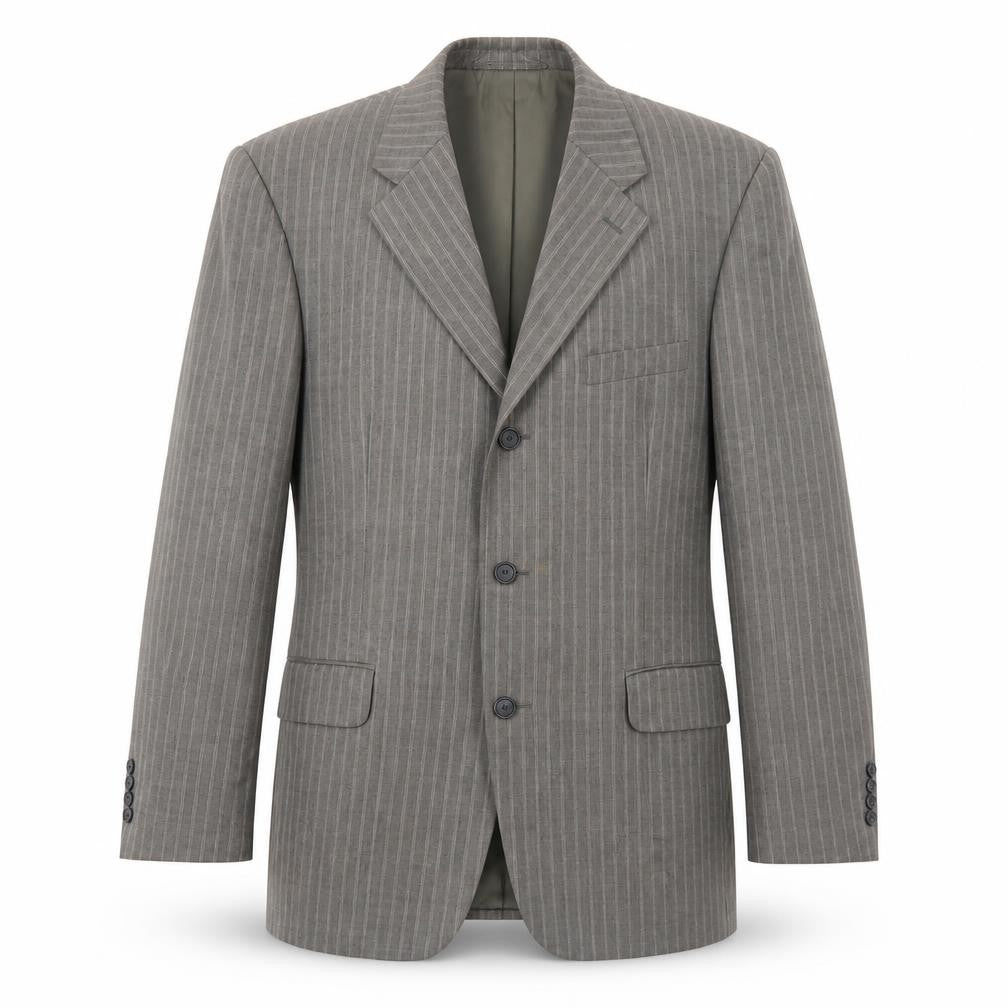 Front view of Tasso Ella men’s grey striped wool jacket suit jacket, size 40, regular